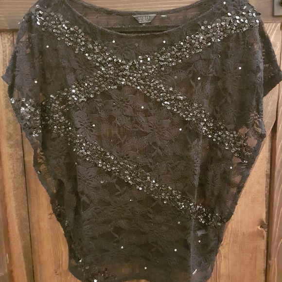 Guess Black sequin and lace semi sheer top - Picture 1 of 6